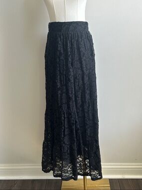 Dark Feminine Black Lace Tiered Maxi Skirt Women XL Goth Whimsigoth Romantic